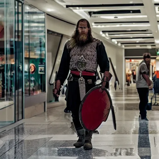 Prompt: viking dejected leaving local mall