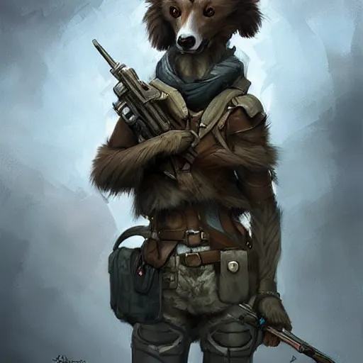 Image similar to anthropomorphic Borzoi wippet Sniper, Modern Sniper outfit, cute and adorable, pretty, beautiful, DnD character art portrait, matte fantasy painting, DeviantArt Artstation, by Jason Felix by Steve Argyle by Tyler Jacobson by Peter Mohrbacher, cinema