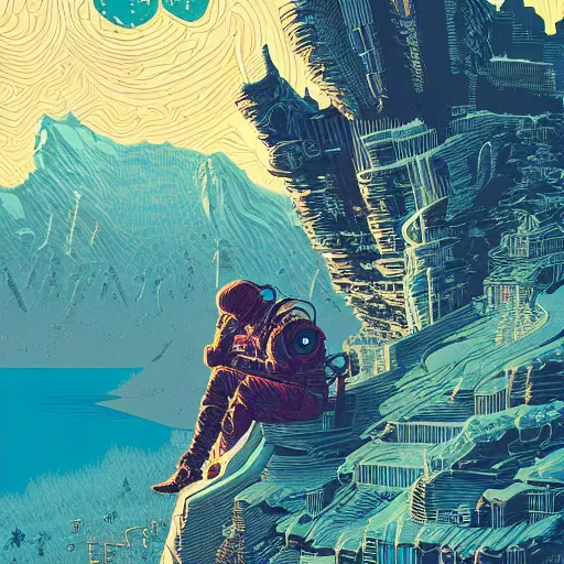 Prompt: Stunningly intricate illustration of a cyberpunk explorer overlooking a moving mountain by a lake, highly detailed, midnight, by Victo Ngai and James Gilleard , Moebius, Laurie Greasley