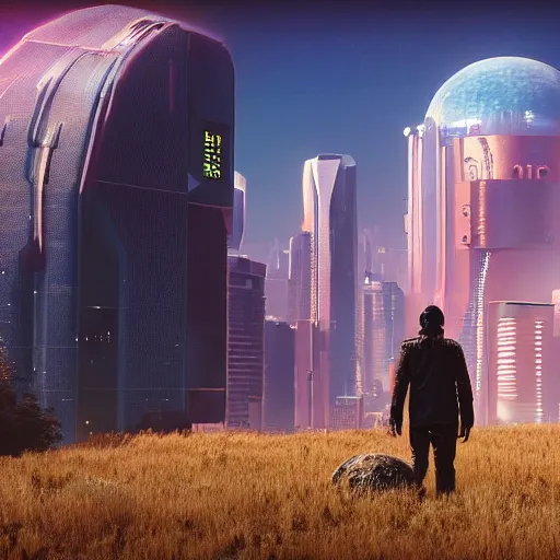 Image similar to 👩‍🌾🛸!! cyberpunk, the image is like beautiful dream, 4k post-processing highly detailed, art station, unreal engine + cinematography by Wes Anderson, Wide angle shot, futuristic, volumetric light, Fuji film, intricate detail, hyperreal, hyperrealistic, 4K, Octane render, unreal engine cinematic, sublime atmosphere,