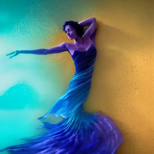 Prompt: beautiful geni morrow dancing underwater wearing a flowing dress made of blue, magenta, and yellow seaweed, delicate coral sea bottom, swirling silver fish, swirling smoke shapes, octane render, caustics lighting from above, cinematic