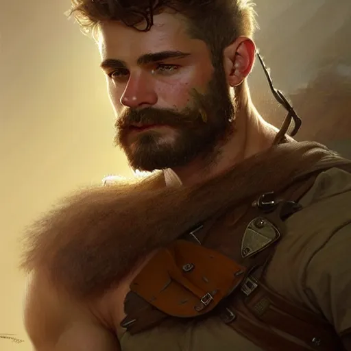 Image similar to portrait of a young rugged ranger, muscular, upper body, hairy torso, D&D, fantasy, intricate, cinematic lighting, highly detailed, digital painting, artstation, concept art, smooth, sharp focus, illustration, art by Artgerm and Greg Rutkowski and Alphonse Mucha