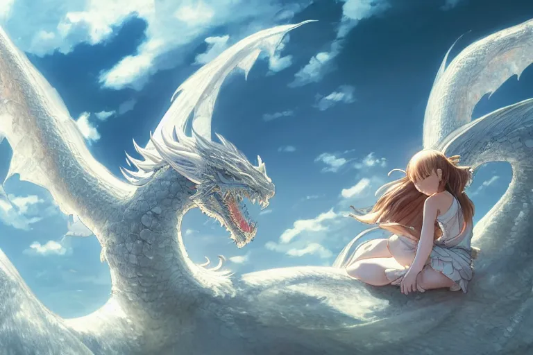Prompt: the beautiful hyper detailed big scene render that a beautiful girl sitting on the back of a huge silver white dragon alone in fairyland surrounded by white clouds, finely detailed angelic face delicate features, style of studio ghibli, makoto shinkai, artgerm, karol bak, kazuki tanahashi, james jean, ross tran, xision, ultra wide angle