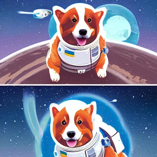 Prompt: a happy corgi puppy astronaut in space, detailed digital painting by simon stalenhag