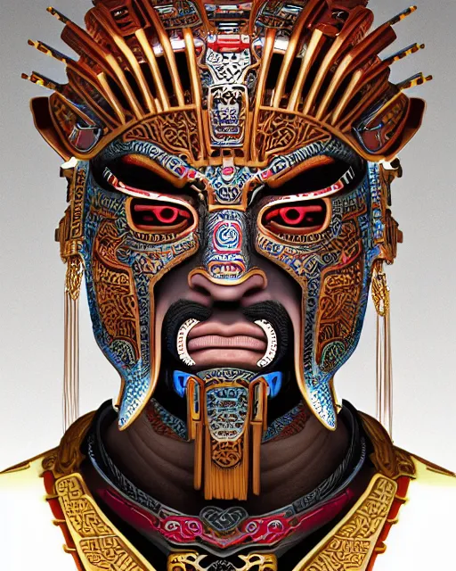 Prompt: portrait of a mayan masculine male cyberpunk jaguar warrior, machine face, upper half portrait, decorated with chinese opera motifs, muscular, latin, fine china, wuxia, traditional mayan art, intricate intense elegant, highly detailed symmetry headpiece digital painting artstation concept art smooth sharp focus illustration, art by moebius and frank miller diego rivera 8 k