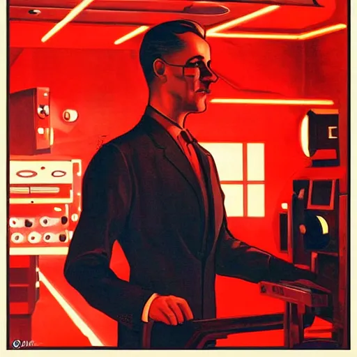 Image similar to man in futurist 6 0 ´ s lab, machines and futurist robots, red lights, leyendecker style, black suit