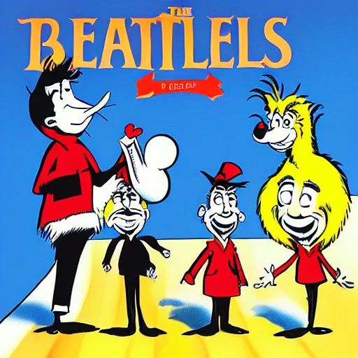 Image similar to The Beatles as a Dr. Seuss cartoon, album cover