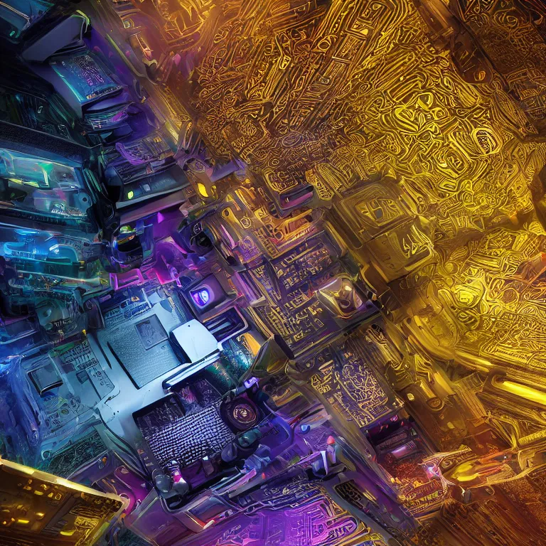 Prompt: the art of the inside of a computer by mia brownell, procedural psychedelic computer chips architecture, very detailed, maximalism, ambient occlusion, volumetric light, atmospheric haze, hyper realism, black and gold shading, cinematic composition, realistic render, photorealistic, wide shot