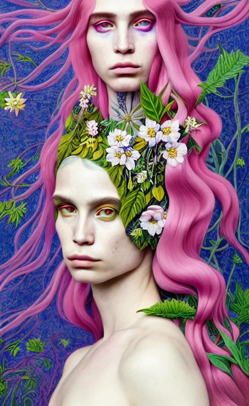 Image similar to the non-binary deity of Spring, 1 figure only, looks a blend of Grimes, Lana Del Rey, Aurora Aksnes, and Zoë Kravitz, it is made entirely out of flora and fauna, in a style combining Botticelli, Möbius and Æon Flux, surrealism, stunningly detailed artwork, hyper photorealistic 4K, stunning gradient colors, very fine inking lines