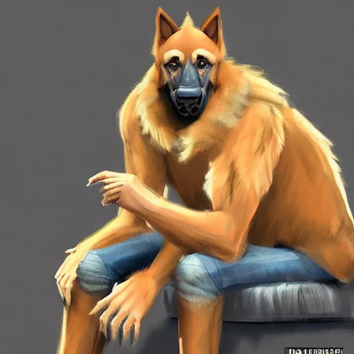 Prompt: a humanoid german shepherd beast - man, sitting on a couch and puts on jeans, artstation, concept art, smooth, sharp foccus ilustration, artstation