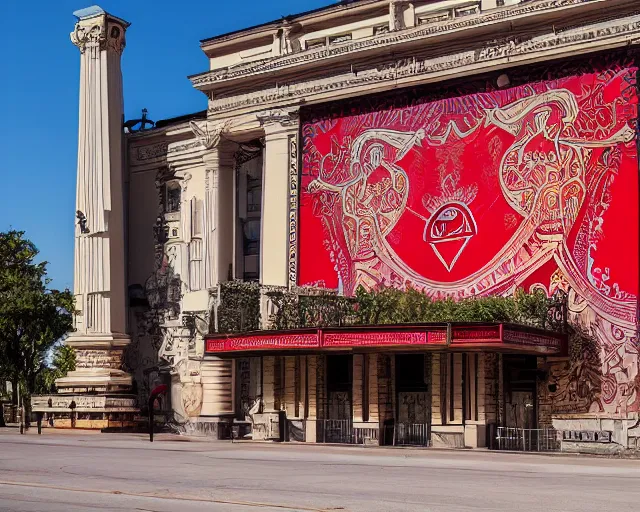 Prompt: photo of an outdoor mural of an opera house from the early 1 9 0 0 s in the style of art nouveau, red curtains, art nouveau design elements, art nouveau ornament, opera house architectural elements, painted on a brick wall, outdoor mural, mucha, masonic symbols, masonic lodge