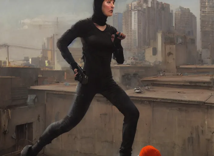 Prompt: Maria evades sgt Nash. Cyberpunk hacker in orange jumpsuit escaping menacing police troopers (blade runner 2049). beautiful face. Rooftop free running. Orientalist portrait by john william waterhouse and James Gurney and Theodore Ralli and Nasreddine Dinet, oil on canvas. Cinematic, hyper realism, realistic proportions, dramatic lighting, high detail 4k