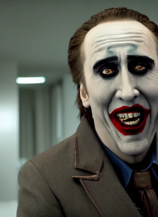 Image similar to photo of a 40-year-old Nicolas Cage (2021) as the Joker by Sergei Vasiliev, big smile, detailed, award winning, Sony a7R