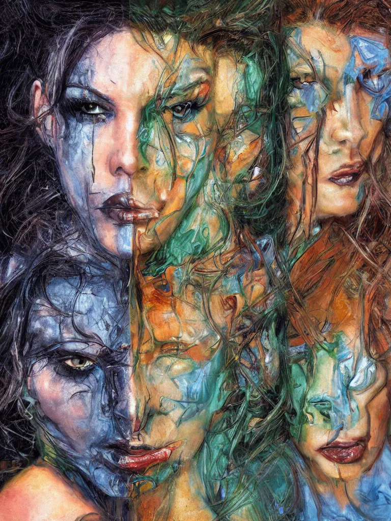 Image similar to half-length portrait of a female face, left side of face rusty mechanical robot, right side of face beautiful middle-aged human, left eye blue colored, right eye green colored, intense look, hair like flames, serious facial expression, similar Monica Belucci, by Simon Stalenhaag, by Mark Arian, by Julie Bell, by M.W. Kaluta, moody light, soft, 4K, matte painting, hyperdetailed, featured on artstation