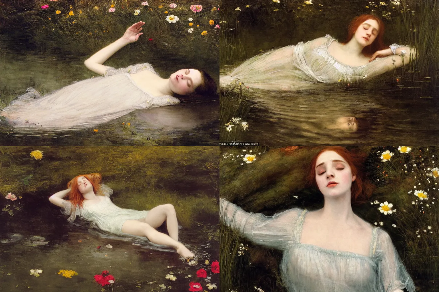 Prompt: a beautiful portrait of a young ophelia, floating drowned, lying immersed in the dark waters of a river, with closed eyes, surrounded by high green grass and many fine flowers, wearing a nicely crafted antique dress, by sir john everett millais, hyperrealistic, hyperdetailed, ethereal, sad, masterpiece, oil painting