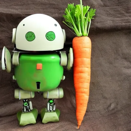 Image similar to cute little robot with big avocado hat and a carrot sword, made in abyss style