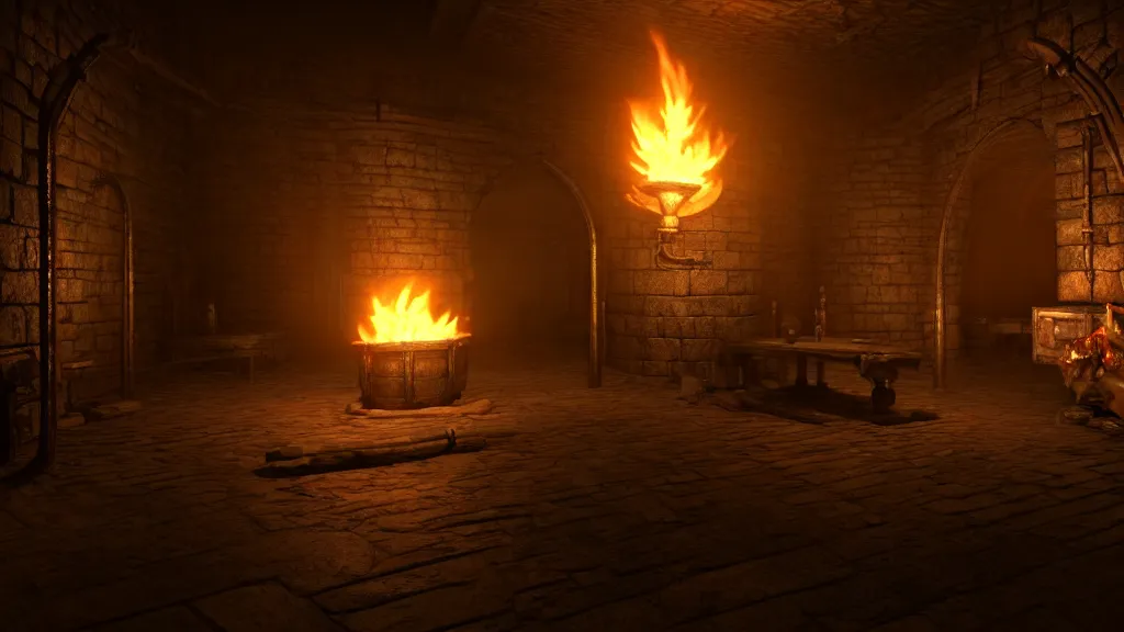 Prompt: delicious torch lit prison dungeon jail cell atmospheric unreal engine hyperreallistic render 8k character concept art masterpiece screenshot from the video game the Elder Scrolls V: Skyrim moody flame orange 2700K global illumination