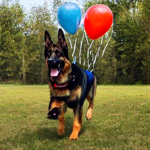 Prompt: a cartoon of a German shepherd playing with balloons