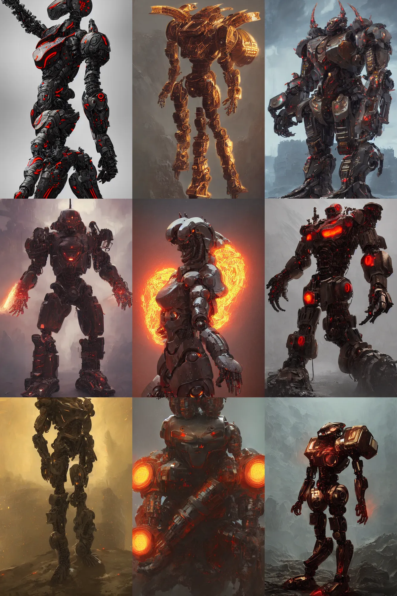 Prompt: a hell robot in heavy armor, hyper detailed, digital art, trending in artstation, cinematic lighting, studio quality, smooth render, unreal engine 5, octane render, art style by klimt and nixeu and ian sprigger and wlop and krenz cushart