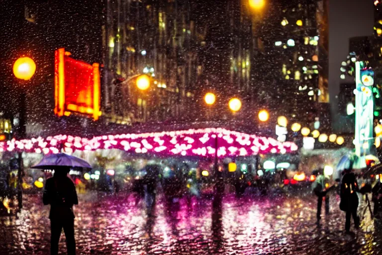 Prompt: canon, 30mm, bokeh, city at night, raining, reflections, people with umbrellas, neon lights