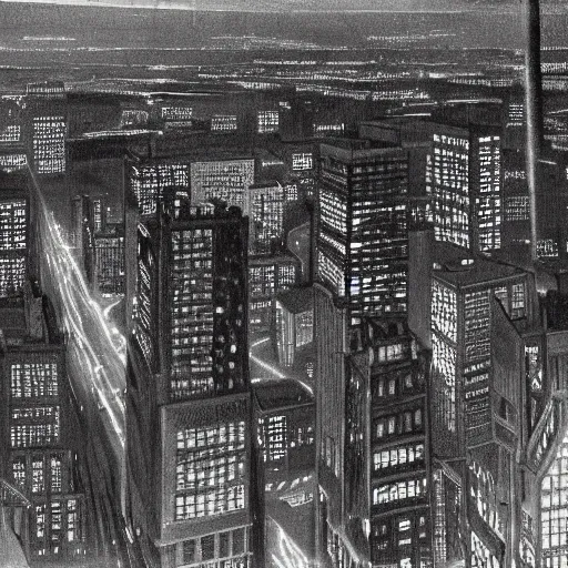 Image similar to photorealistc painting of a nightmarish boston downtown skyline in 1 9 2 5 at night, aerial view, dark, brooding, night, atmospheric, horror, cosmic, ultra - realistic, smooth, highly detailed