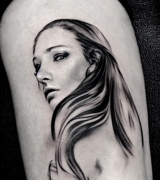 Image similar to a beautiful girl portrait in amazing nature and mountains, realism tattoo, in the style of den yakovlev, black and white, faded drawing, hyper realistic, highly detailed