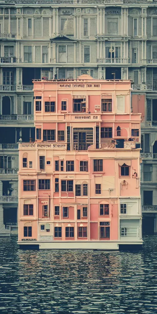 Image similar to wes anderson style beautiful floating building