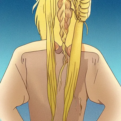 Prompt: beautiful young blonde woman from behind with flames in her hands, high detail, realistic, symmetrical face, art by studio Ghibli art