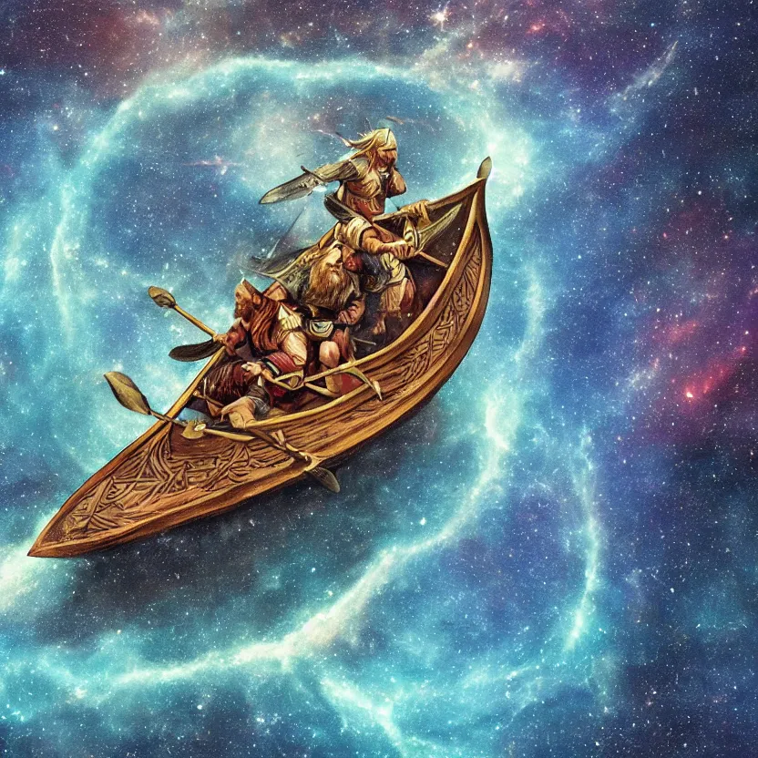 Image similar to a medieval viking longboat rowing through an ocean that is a nebula, several supernovae in the background, stellar explosions spewing streams of gas into space