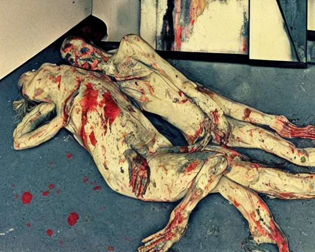 Image similar to overhead image of a dead couple in style of Francis Bacon and Egon Schiele and Willem de kooning, interior room with a pool of blood and stray dog barking, messy living room with beer cans on the floor. Art by Henry Clarke, Still from 1982 movie The Thing. Beksiński Masterpiece