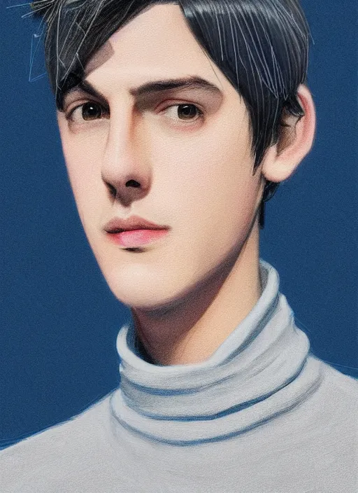 Image similar to portrait of teenage jughead jones wearing a light grey crown, crown, blue turtleneck, 1 9 5 0 s, closed eyes, photorealistic, black hair, glowing lighting, intricate, elegant, glowing lights, highly detailed, digital painting, artstation, concept art, smooth, sharp focus, illustration, art by wlop, mars ravelo and greg rutkowski