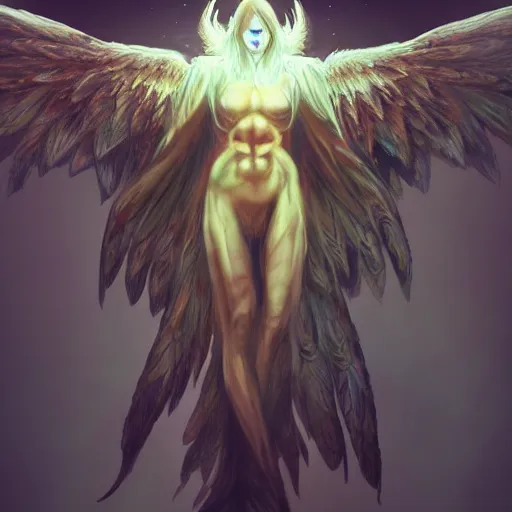 Prompt: giant imposing seraphim with many eyes and many wings, eyes everywhere, hyper realistic, glowing, terrifying, artstation
