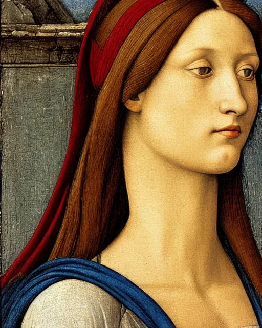 Image similar to a close up of a painting of a woman's head, an ultrafine detailed painting by pietro perugino, deviantart, pre - raphaelitism, da vinci, pre - raphaelite, detailed painting