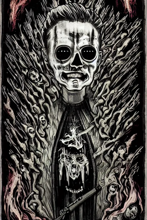 Image similar to zelensky went to hell, art in the style of a poster for horror films in a cinema, detailed art in color