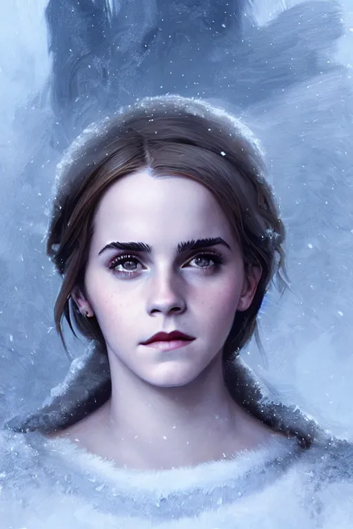 Image similar to emma watson goddess of the winter twilight, highly detailed, digital painting, artstation, concept art, smooth, sharp focus, illustration, unreal engine 5, 8 k, art by artgerm and greg rutkowski and edgar maxence