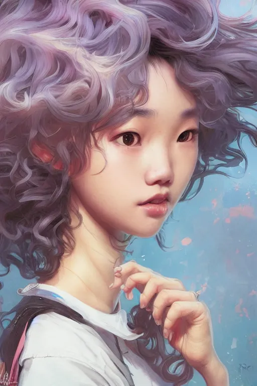 Image similar to portrait of a cute Thai girl with a messy curly hair, pastel hair, streetwear fashion, highly detailed, digital painting, artstation, concept art, sharp focus, illustration, art by artgerm and greg rutkowski and alphonse mucha