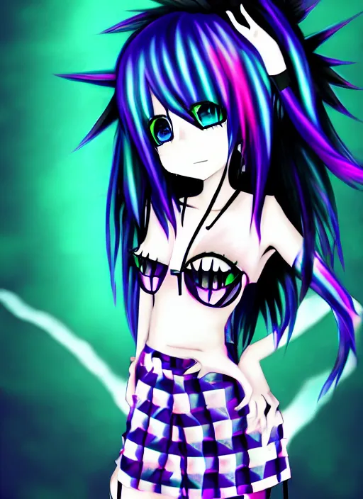 Image similar to emo anime girl, scene, rainbowcore, vhs monster high, glitchcore witchcore, checkered spiked hair, pixiv