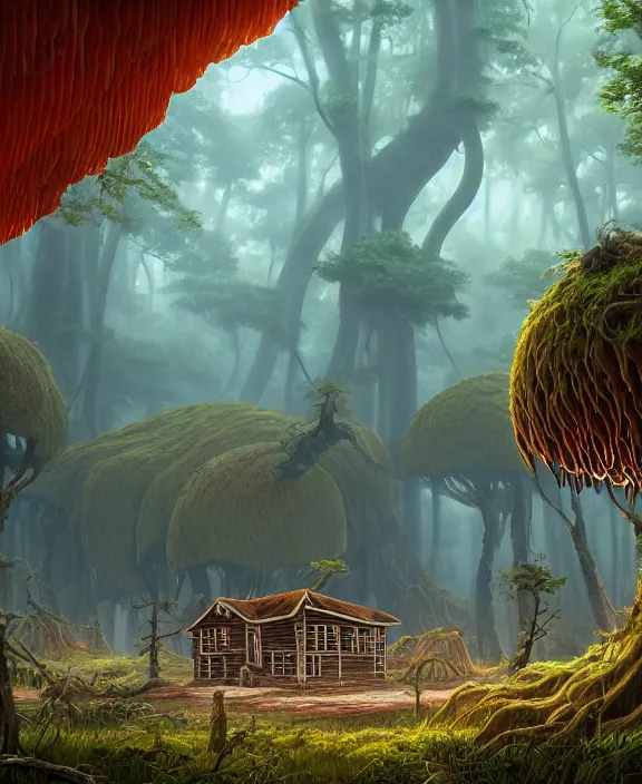 Image similar to a mammoth schoolhouse made from jellyfish, overgrown with huge exotic fungus, deep in the woods, noon, sun drenched, partly cloudy, by dan mumford, yusuke murata, makoto shinkai, ross tran, cinematic, unreal engine, cel shaded, featured on artstation, pixiv