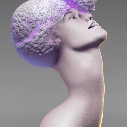 Image similar to 3 d fluid simulation render, octane render, xparticles, white colors, female bodies, female body covered in white blanket, white carved abstract sculpture, amethyst mineral quartz, swirly curls, abstract white fluid, golden edges and fractals, cold colors, artstation,