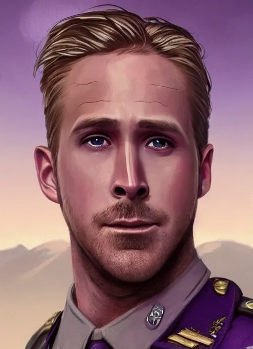 Prompt: purple scene lighting, detailed character portrait!!! concept art, older ryan gosling as a soldier with beard, short hair, in a soldier uniform, desert background, city skyline, sharp focus, illustration, highly detailed, digital painting, concept art, matte, art by wlop and artgerm and greg rutkowski, masterpiece