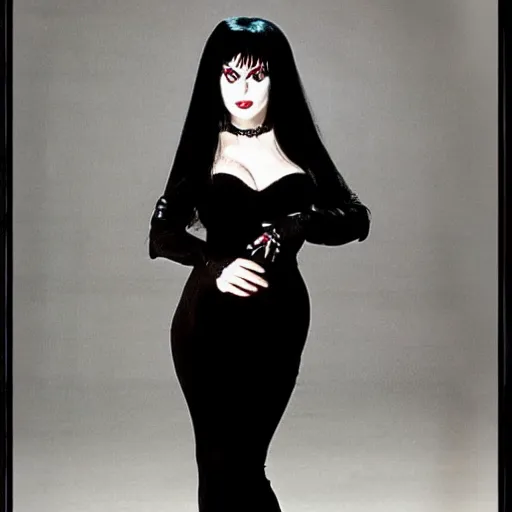 Prompt: Elvira the mistress of darkness as Morticia Addams