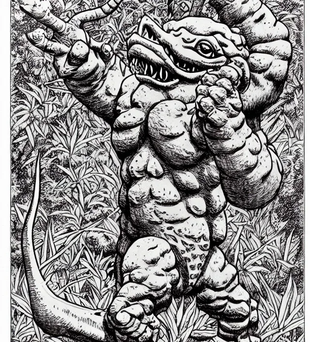 Image similar to ivysaur as a d & d monster, full body, pen - and - ink illustration, etching, by russ nicholson, david a trampier, larry elmore, 1 9 8 1, hq scan, intricate details, stylized border