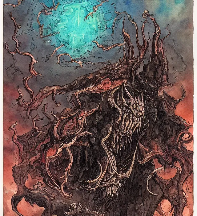 Prompt: a watercolor ink painting of demonic dreadlord summoning monsters from hell in the style of jean giraud in the style of moebius trending on artstation deviantart pinterest detailed realistic hd 8 k high resolution