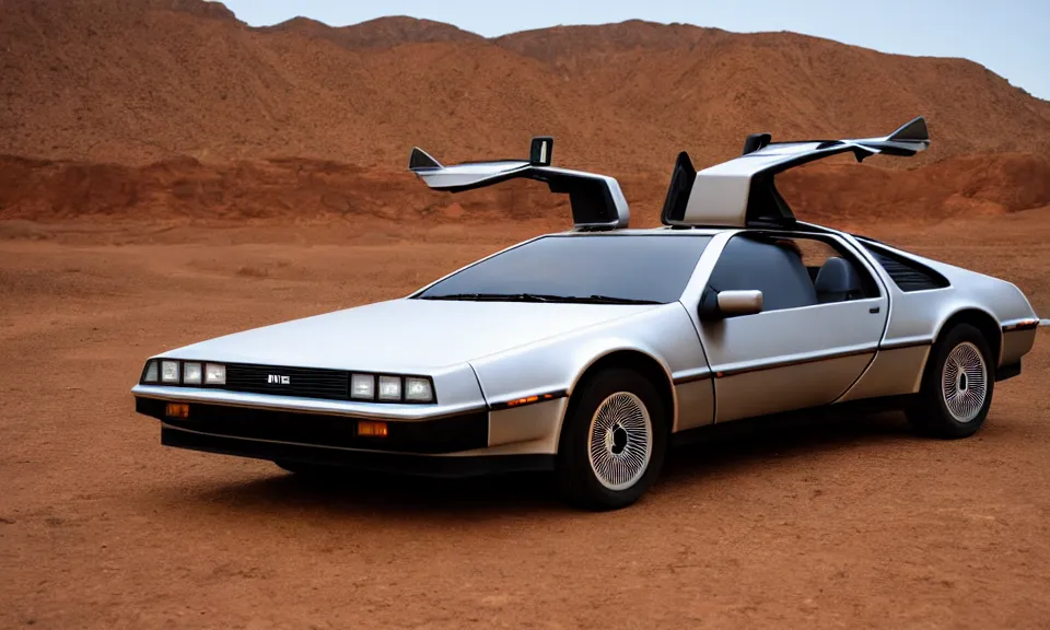 Image similar to photo of a delorean standing in the desert