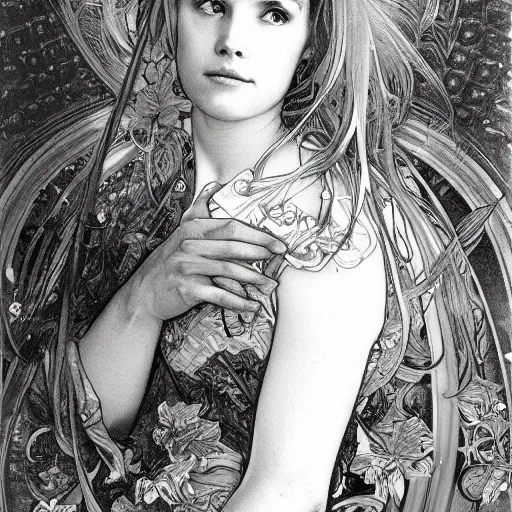 Prompt: beautiful lifelike award winning pencil illustration of linda blair trending on art station alphonse mucha cinematic atmospheric