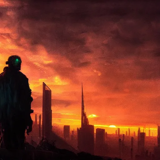 Image similar to wanderer with night vision goggles, dramatic light, sunset, cyberpunk city in the background, gorgeous view, depth, painted by Caspar David Friedrich, clouds, tending on artstation