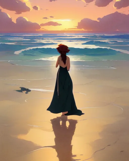 Image similar to lonely young woman wandering a beach at sunset painting by sargent and leyendecker, studio ghibli, fantasy, medium shot, asymmetrical, intricate, elegant, matte painting, illustration, hearthstone, by rhads by greg rutkowski, by greg tocchini, by james gilleard, by joe fenton