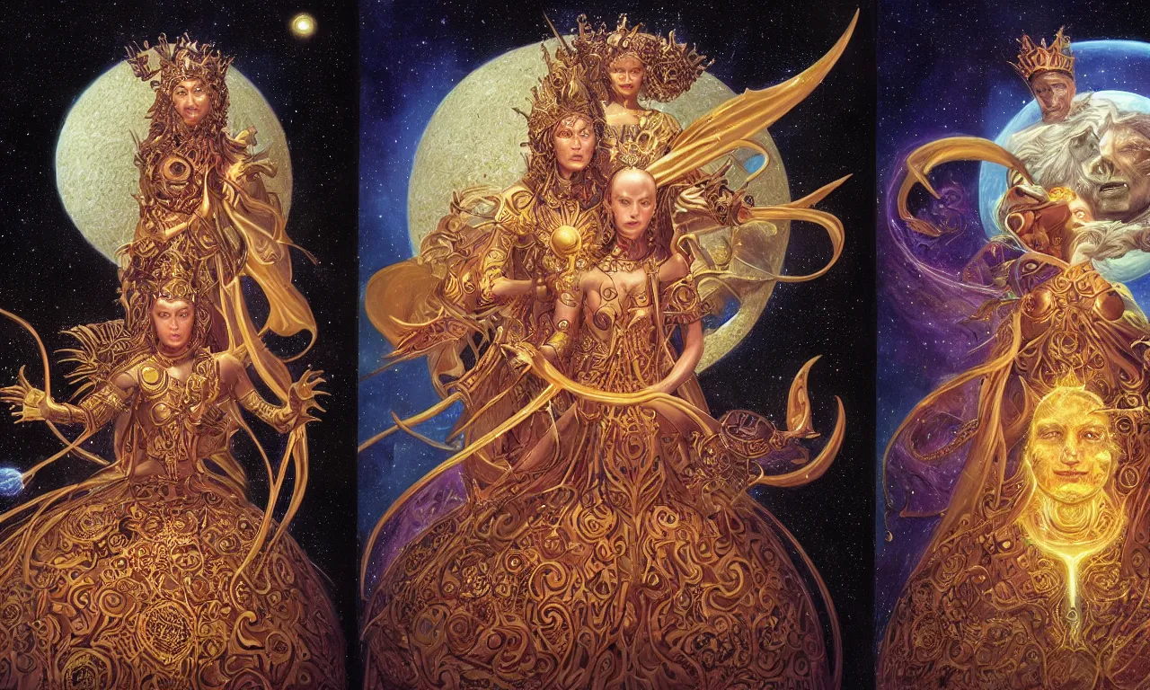 Image similar to sun king and moon queen in the cosmic court of mystical astronomy, art by james c. christensen and keith parkinson