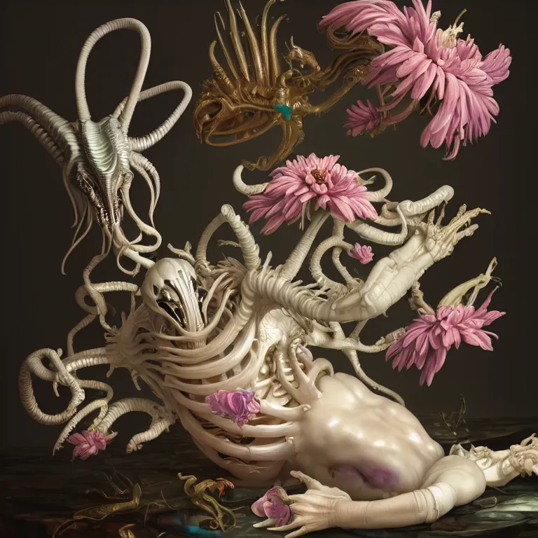 Image similar to still life of white xenomorph, beautiful pastel color tropical flowers, metallic human spine, colorful mold, baroque painting, beautiful detailed intricate insanely detailed octane render, 8K artistic photography, photorealistic, chiaroscuro, Raphael, Caravaggio