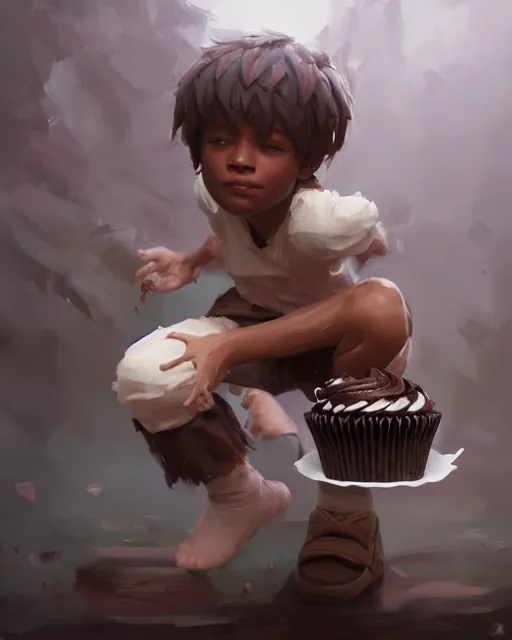 Image similar to a ( ( boy as personification of chocolate cupcake ) ), beauty, fantasy bakery, digital painting by krenz cushart, greg rutkowski, artgerm, laurie greasly, wlop, intricate, highly detailed!!, sharp focus, smooth, epic composition, joyful, unreal engine, masterpiece, 8 k, interesting background